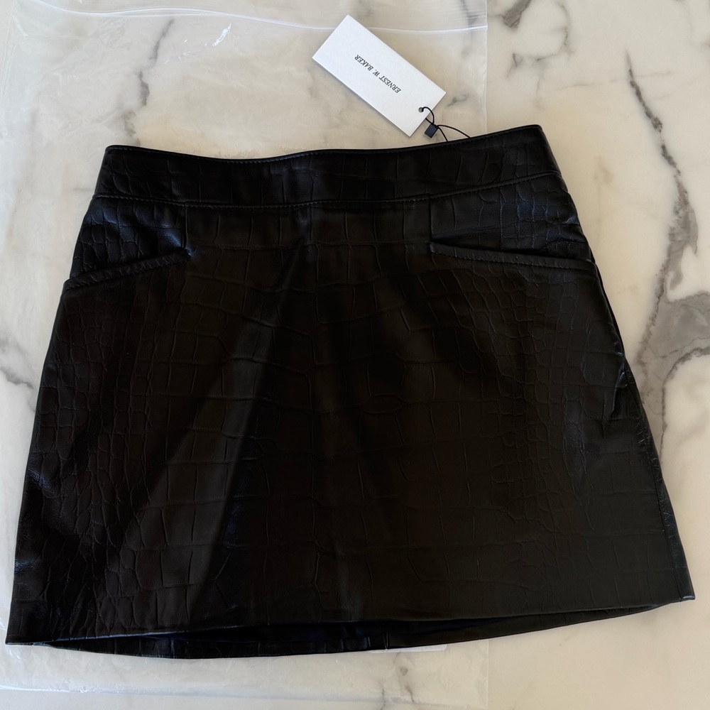 NWT Ernest W. Baker Leather Black Croc-Embossed Mini Skirt